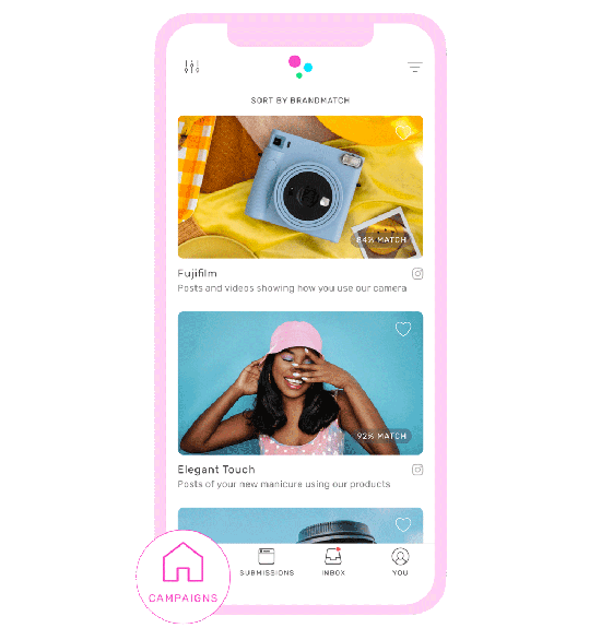 Screenshots of TRIBE's App featuring the Campaign feed, brief and pitch