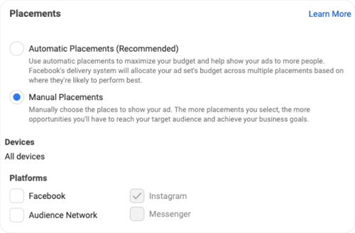Screenshot of Facebook Ads Manager showing options for Placements