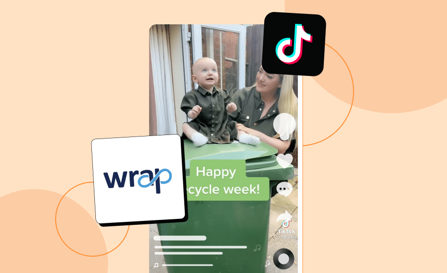 Screenshot of a TikTok with a mother and her baby sitting on a recycling bin