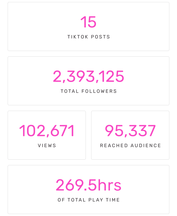 15 TikTok Posts | 2,393,125 Followers | 102,671 Views | 95,337 Audience | 269.5hrs Play Time